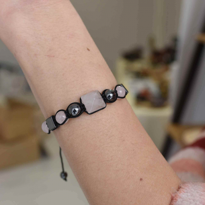 Bratara Ajustabila Impletita cu Margele din Cuart Roz si Hematit de 8mm si Forma de Piramida - Cadou Special [7]