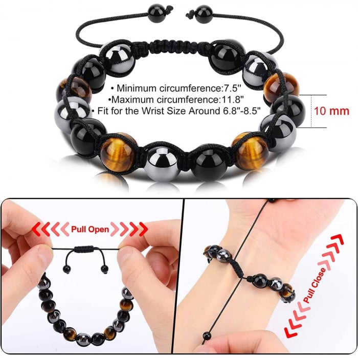 Bratara reglabila cu tripla protectie din obsidian negru, ochi de tigru si hematit 10 mm - bratara feng shui pentru protectie, noroc si prosperitate [2]