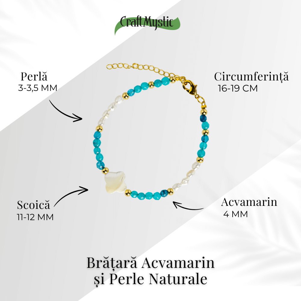 Bratara eleganta cu acvamarin si perle naturale pentru claritate mentala si liniste interioara. Lucrata manual, ideala pentru zodiile Rac, Pesti, Balanta. Potrivita pentru chakrele gâtului si coroanei. [4]