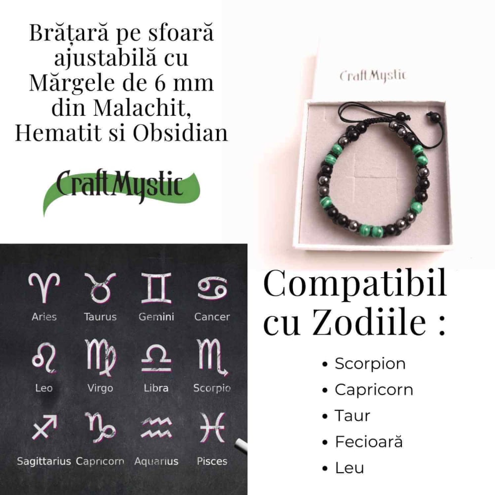 Bratara Tripla Protectie cu Cristale de Malachit, Obsidian Negru si Hematit - Echilibru si Forta [4]