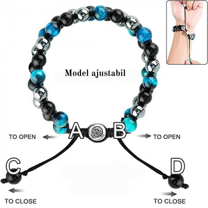 Bratara tripla protectie cu margele 8mm din 3 pietre semipretioase: Ochi de tigru albastru, Hematita si Obsidian [3]