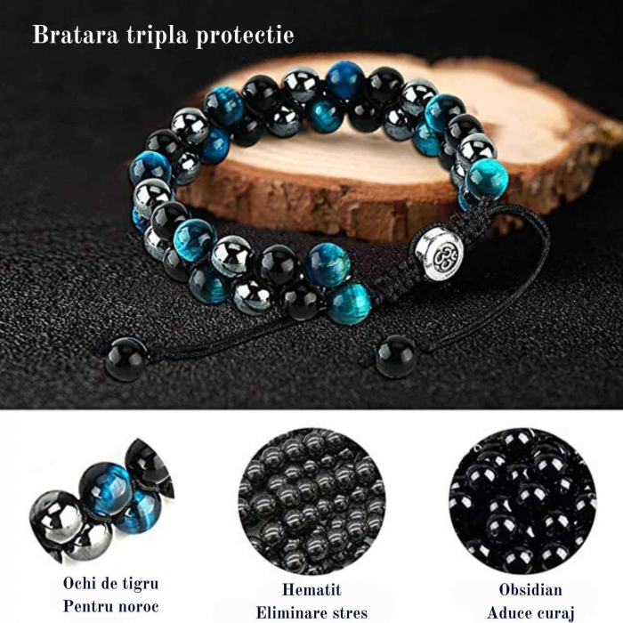 Bratara tripla protectie cu margele 8mm din 3 pietre semipretioase: Ochi de tigru albastru, Hematita si Obsidian [2]