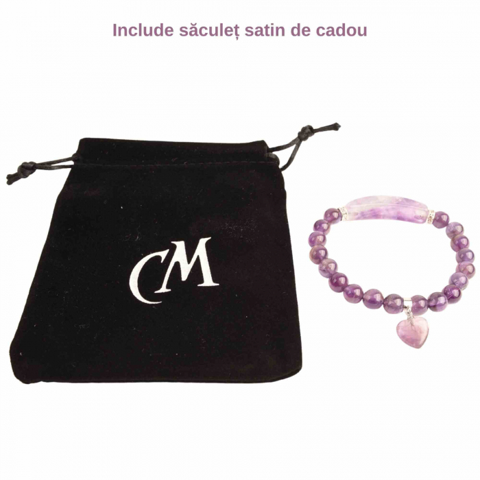 Bratara zen cu pietre semipretioase Ametist si pandantiv scluptat in forma de inima - bratara feng shui pentru meditatie, liniste, echilibru [2]