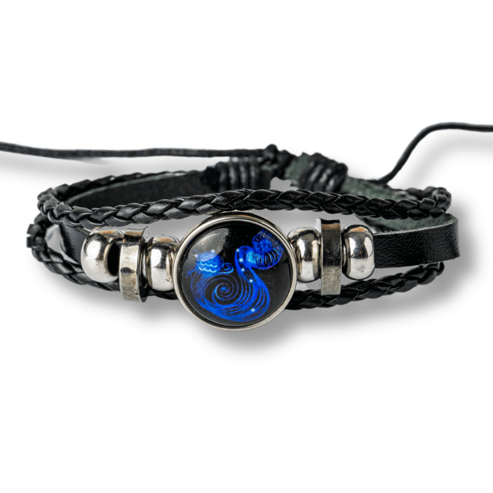 Bratara Zodia Varsator ajustabila din Piele Sintetica cu Cabochon Rotund ,   Simbol Astrologic Personalizat pentru Energie si Identitate Astrala