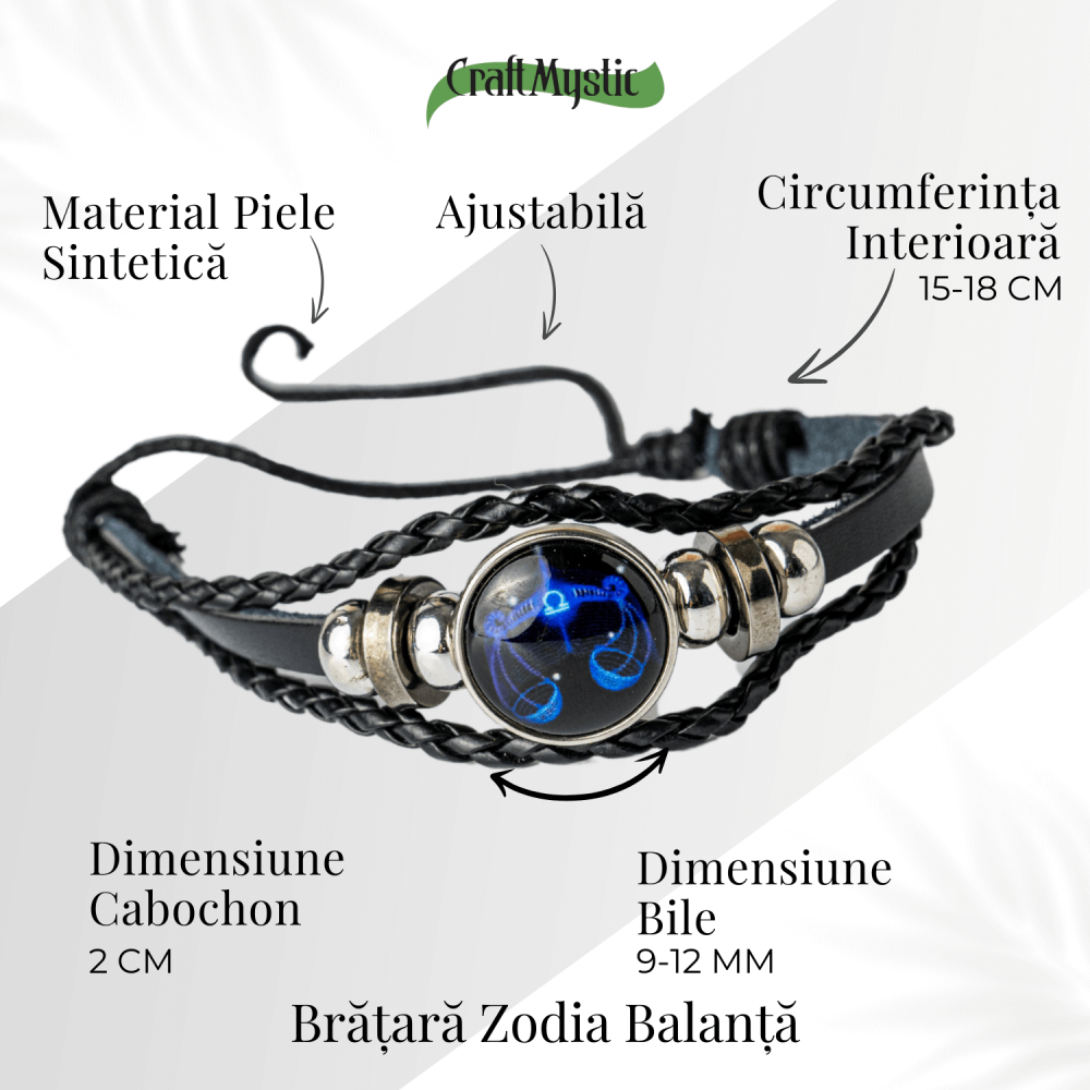 Bratara Zodiacala ajustabila din Piele Sintetica cu Cabochon Rotund – Simbol Astrologic Personalizat pentru Energie si Identitate Astrala [5]
