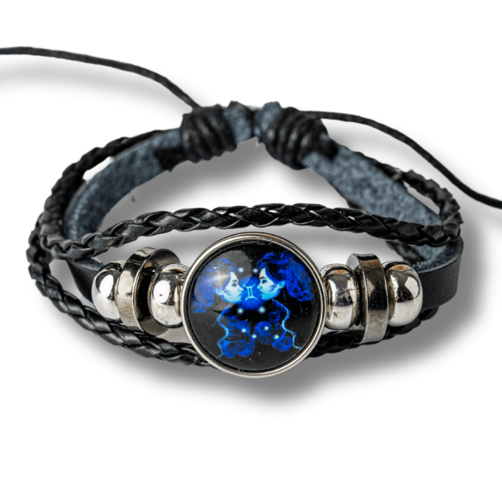 Bratara Zodia Gemeni ajustabila din Piele Sintetica cu Cabochon Rotund ,   Simbol Astrologic Personalizat pentru Energie si Identitate Astrala