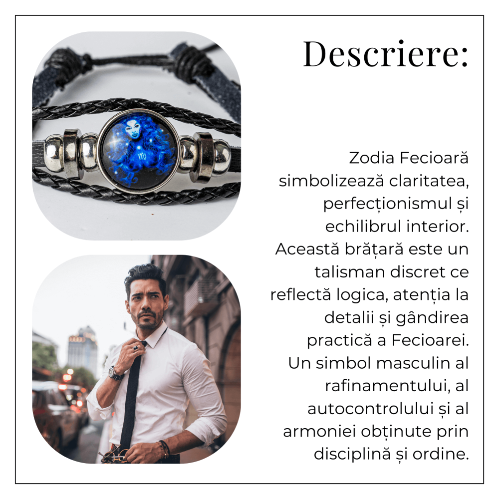 Bratara Zodiacala ajustabila din Piele Sintetica cu Cabochon Rotund – Simbol Astrologic Personalizat pentru Energie si Identitate Astrala [15]