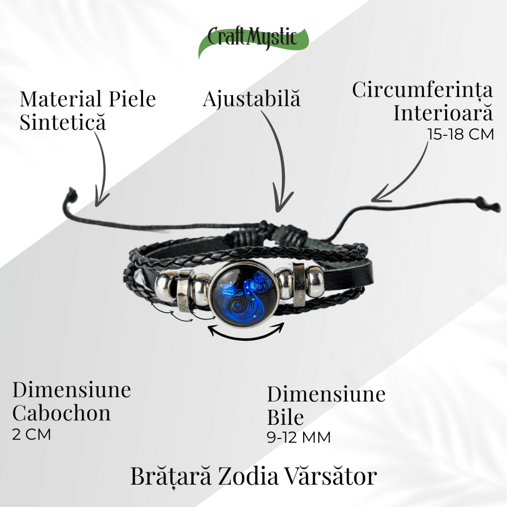 Bratara Zodiacala ajustabila din Piele Sintetica cu Cabochon Rotund – Simbol Astrologic Personalizat pentru Energie si Identitate Astrala [16]