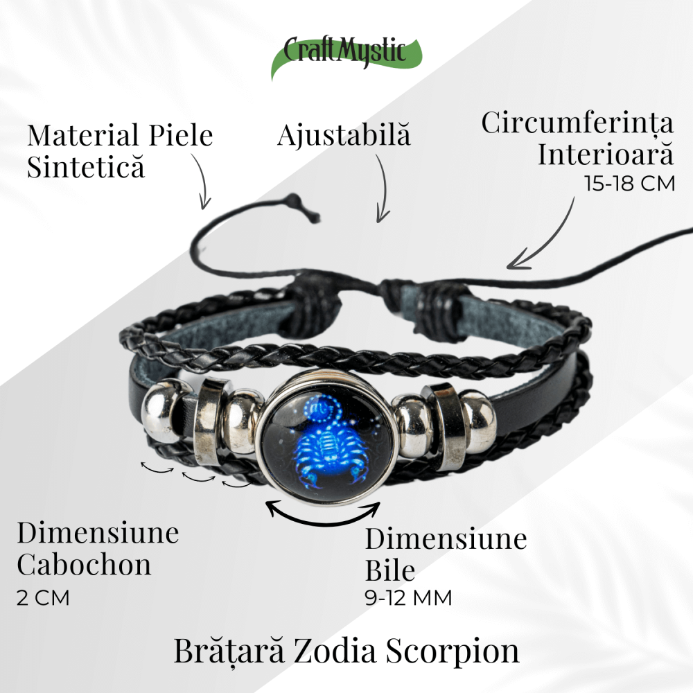 Bratara Zodiacala ajustabila din Piele Sintetica cu Cabochon Rotund – Simbol Astrologic Personalizat pentru Energie si Identitate Astrala [37]