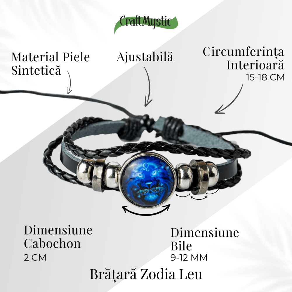 Bratara Zodiacala ajustabila din Piele Sintetica cu Cabochon Rotund – Simbol Astrologic Personalizat pentru Energie si Identitate Astrala [23]