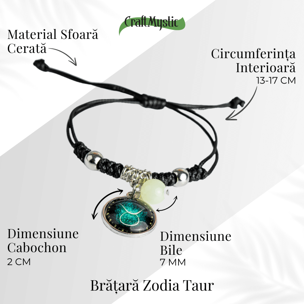Bratara Zodiacala Ajustabila din Sfoara Cerata si Piele Sintetica – Cabochon Rotund cu Semn Zodiacal si Bila Fosforescenta [6]
