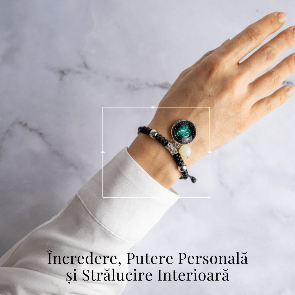 Bratara Zodiacala Ajustabila din Sfoara Cerata si Piele Sintetica – Cabochon Rotund cu Semn Zodiacal si Bila Fosforescenta [3]