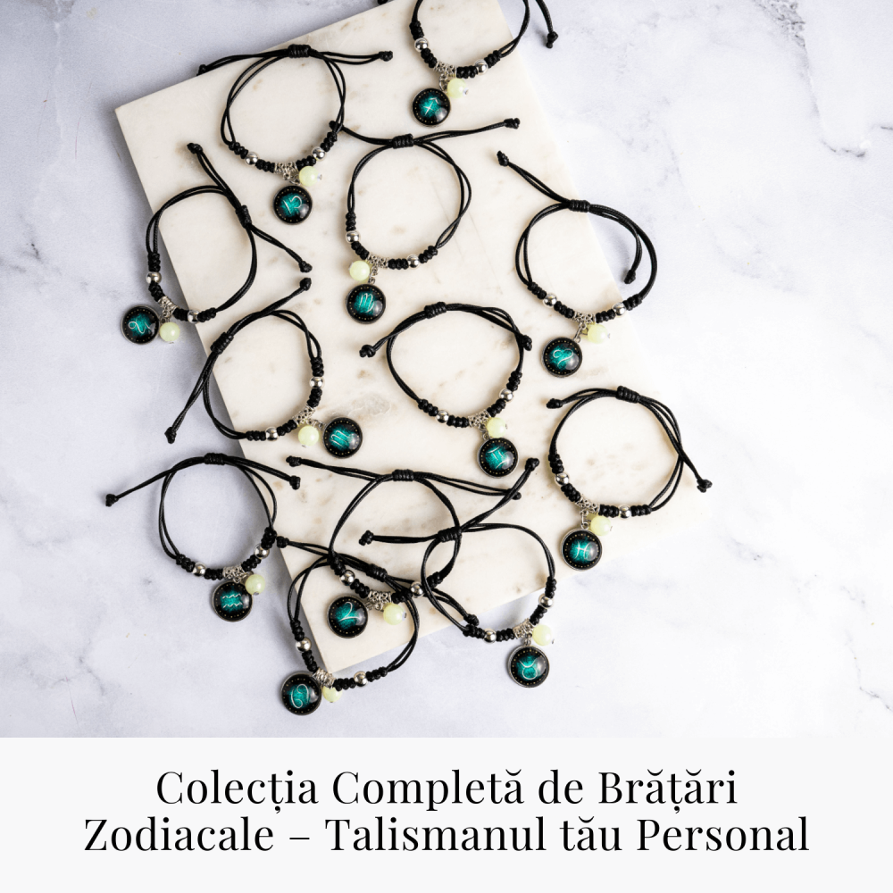 Bratara Zodiacala Ajustabila din Sfoara Cerata si Piele Sintetica – Cabochon Rotund cu Semn Zodiacal si Bila Fosforescenta [9]