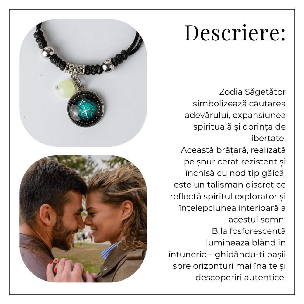 Bratara Zodiacala Ajustabila din Sfoara Cerata si Piele Sintetica – Cabochon Rotund cu Semn Zodiacal si Bila Fosforescenta [6]