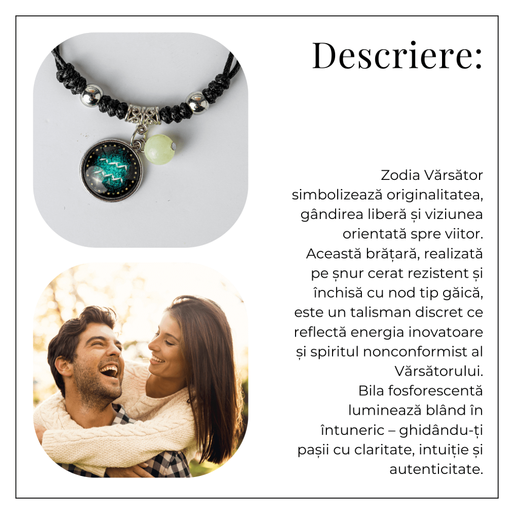 Bratara Zodiacala Ajustabila din Sfoara Cerata si Piele Sintetica – Cabochon Rotund cu Semn Zodiacal si Bila Fosforescenta [4]