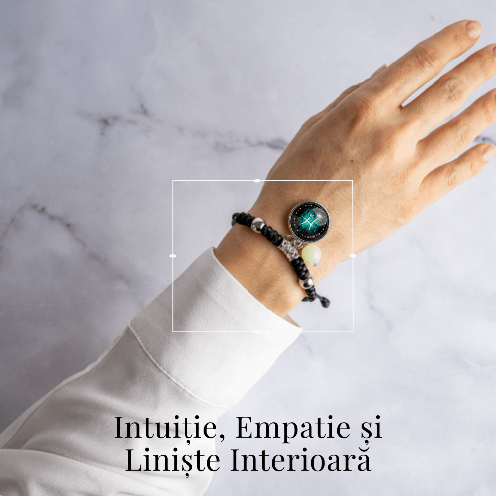 Bratara Zodiacala Ajustabila din Sfoara Cerata si Piele Sintetica – Cabochon Rotund cu Semn Zodiacal si Bila Fosforescenta [2]