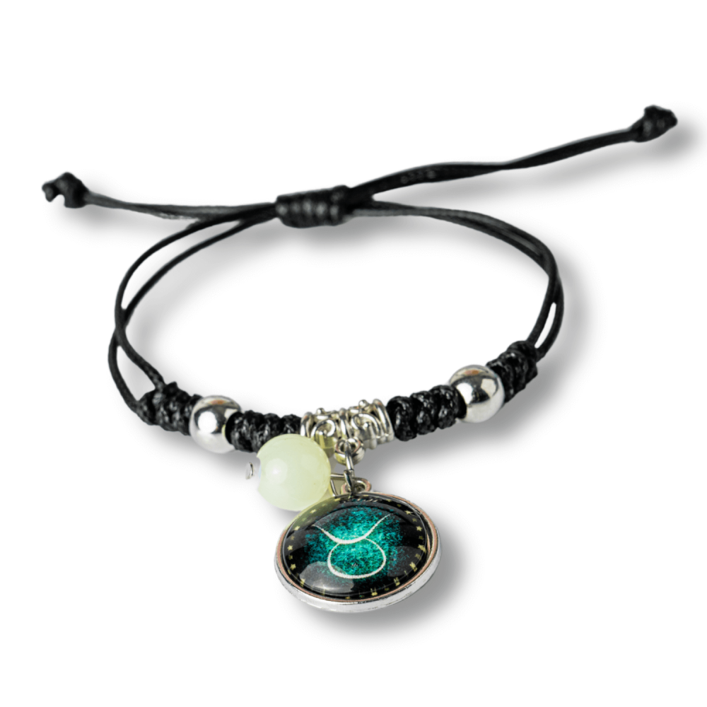 Bratara Zodiacala Ajustabila din Sfoara Cerata si Piele Sintetica – Cabochon Rotund cu Semn Zodiacal si Bila Fosforescenta [10]