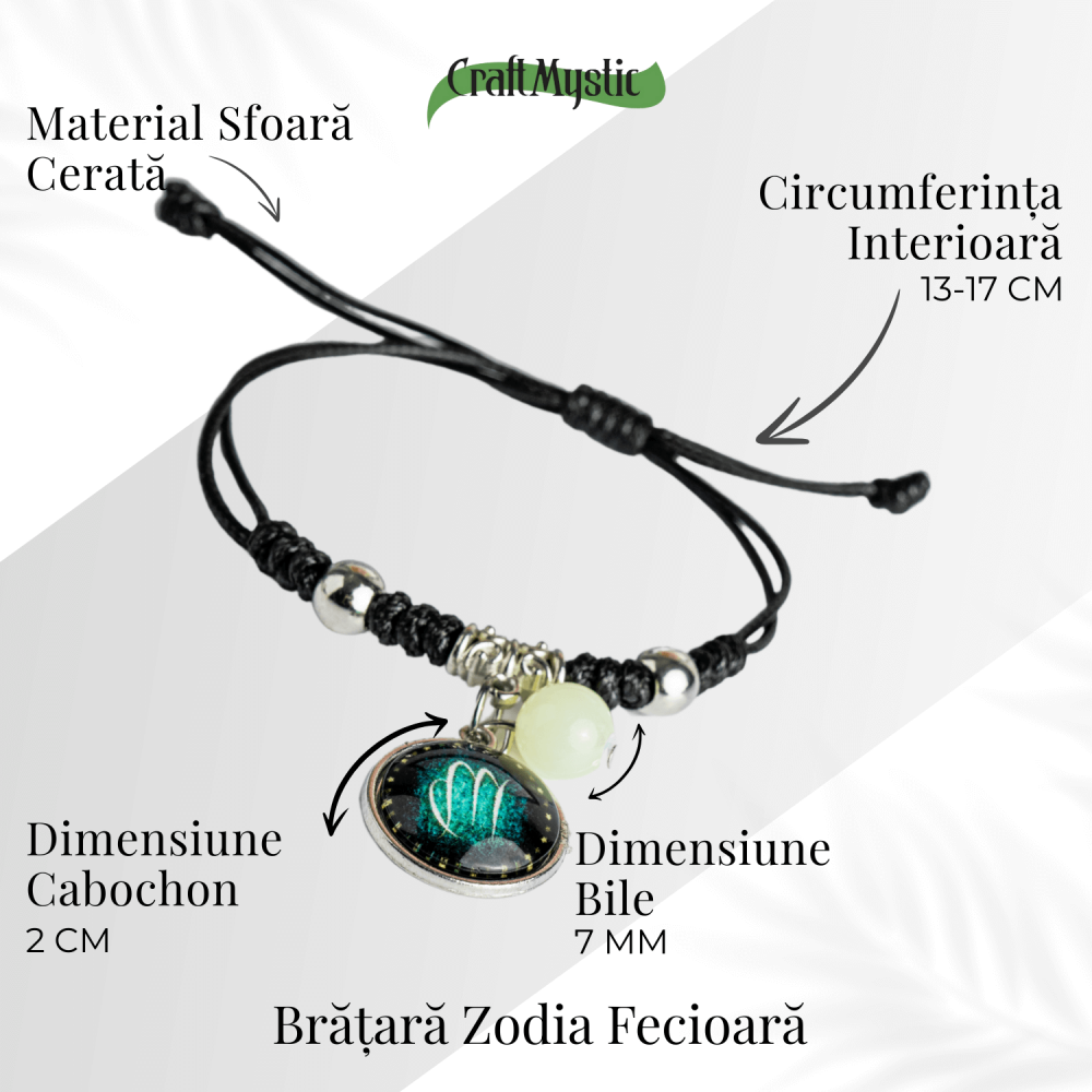 Bratara Zodiacala Ajustabila din Sfoara Cerata si Piele Sintetica – Cabochon Rotund cu Semn Zodiacal si Bila Fosforescenta [5]