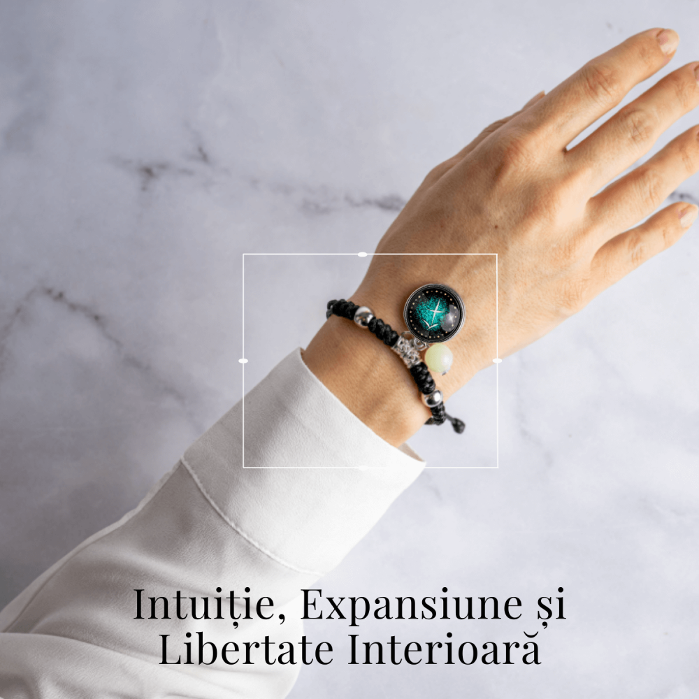 Bratara Zodiacala Ajustabila din Sfoara Cerata si Piele Sintetica – Cabochon Rotund cu Semn Zodiacal si Bila Fosforescenta [2]