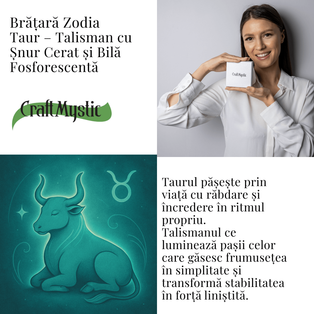 Bratara Zodiacala Ajustabila din Sfoara Cerata si Piele Sintetica – Cabochon Rotund cu Semn Zodiacal si Bila Fosforescenta [4]