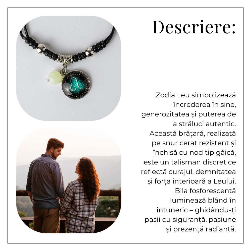 Bratara Zodiacala Ajustabila din Sfoara Cerata si Piele Sintetica – Cabochon Rotund cu Semn Zodiacal si Bila Fosforescenta [5]