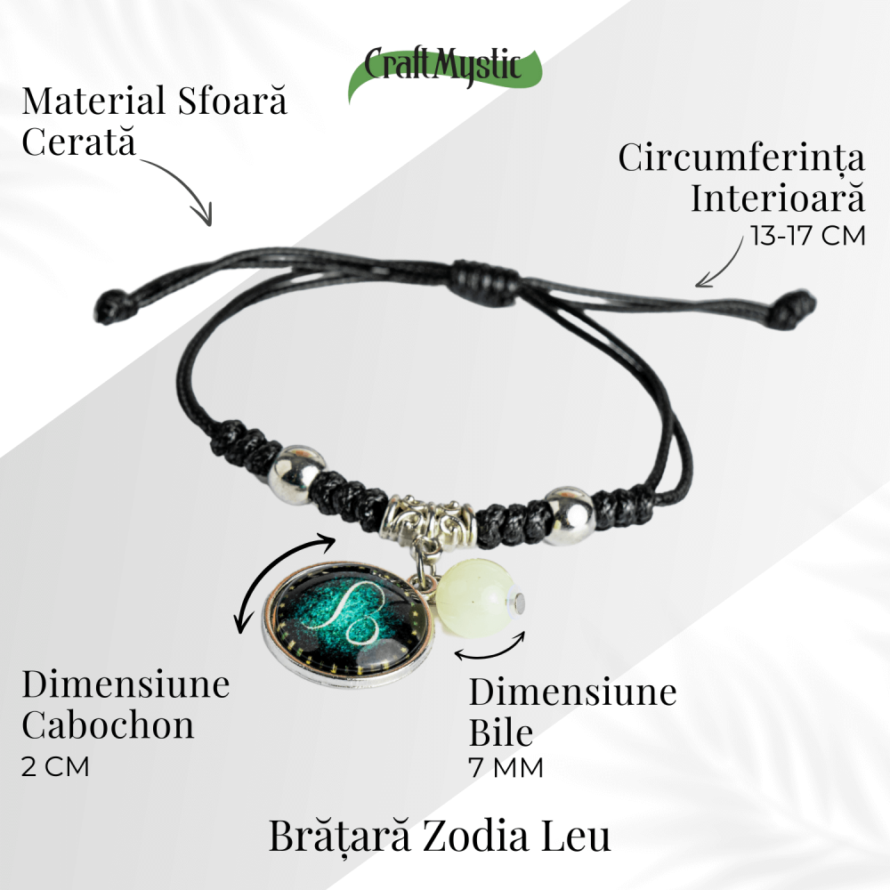 Bratara Zodiacala Ajustabila din Sfoara Cerata si Piele Sintetica – Cabochon Rotund cu Semn Zodiacal si Bila Fosforescenta [6]