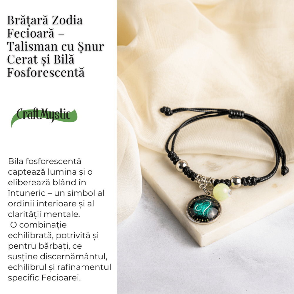 Bratara Zodiacala Ajustabila din Sfoara Cerata si Piele Sintetica – Cabochon Rotund cu Semn Zodiacal si Bila Fosforescenta [3]