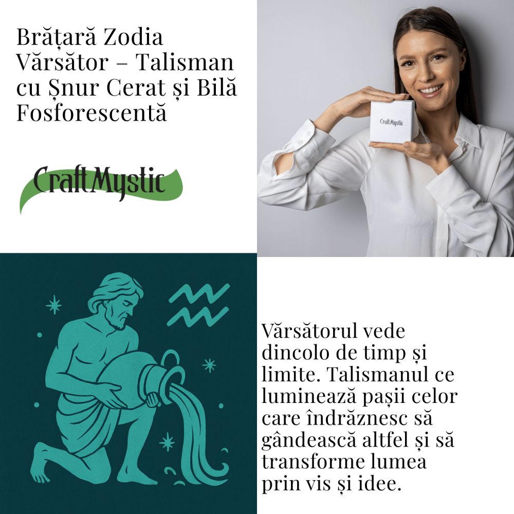 Bratara Zodiacala Ajustabila din Sfoara Cerata si Piele Sintetica – Cabochon Rotund cu Semn Zodiacal si Bila Fosforescenta [6]