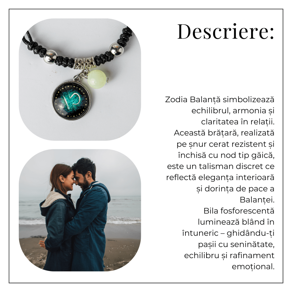 Bratara Zodiacala Ajustabila din Sfoara Cerata si Piele Sintetica – Cabochon Rotund cu Semn Zodiacal si Bila Fosforescenta [4]