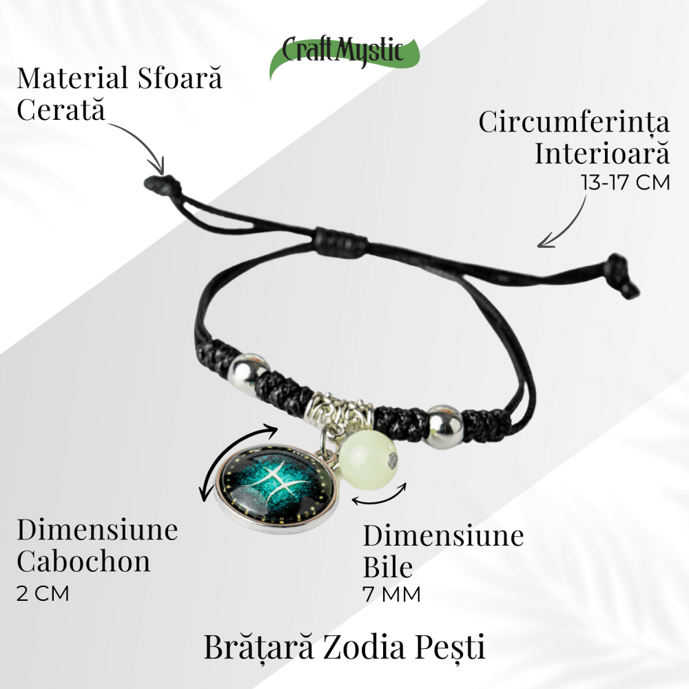 Bratara Zodiacala Ajustabila din Sfoara Cerata si Piele Sintetica – Cabochon Rotund cu Semn Zodiacal si Bila Fosforescenta [5]