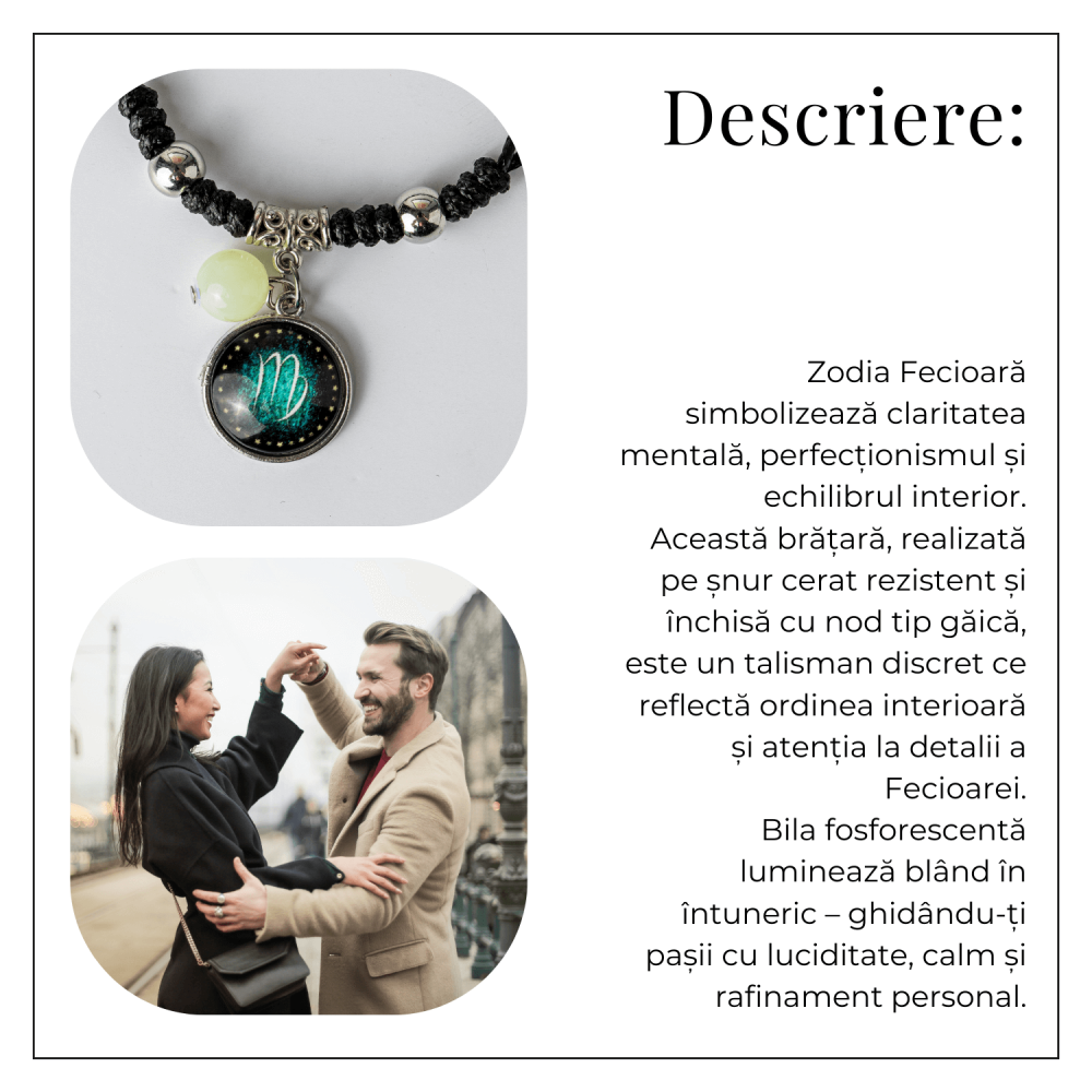 Bratara Zodiacala Ajustabila din Sfoara Cerata si Piele Sintetica – Cabochon Rotund cu Semn Zodiacal si Bila Fosforescenta [6]