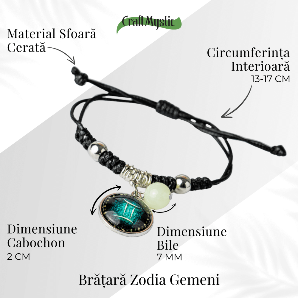 Bratara Zodiacala Ajustabila din Sfoara Cerata si Piele Sintetica – Cabochon Rotund cu Semn Zodiacal si Bila Fosforescenta [5]