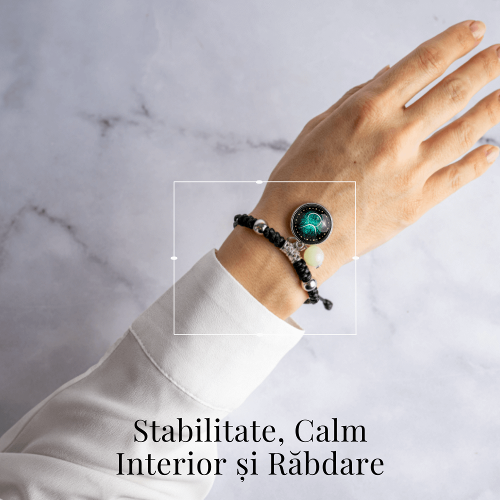 Bratara Zodiacala Ajustabila din Sfoara Cerata si Piele Sintetica – Cabochon Rotund cu Semn Zodiacal si Bila Fosforescenta [2]