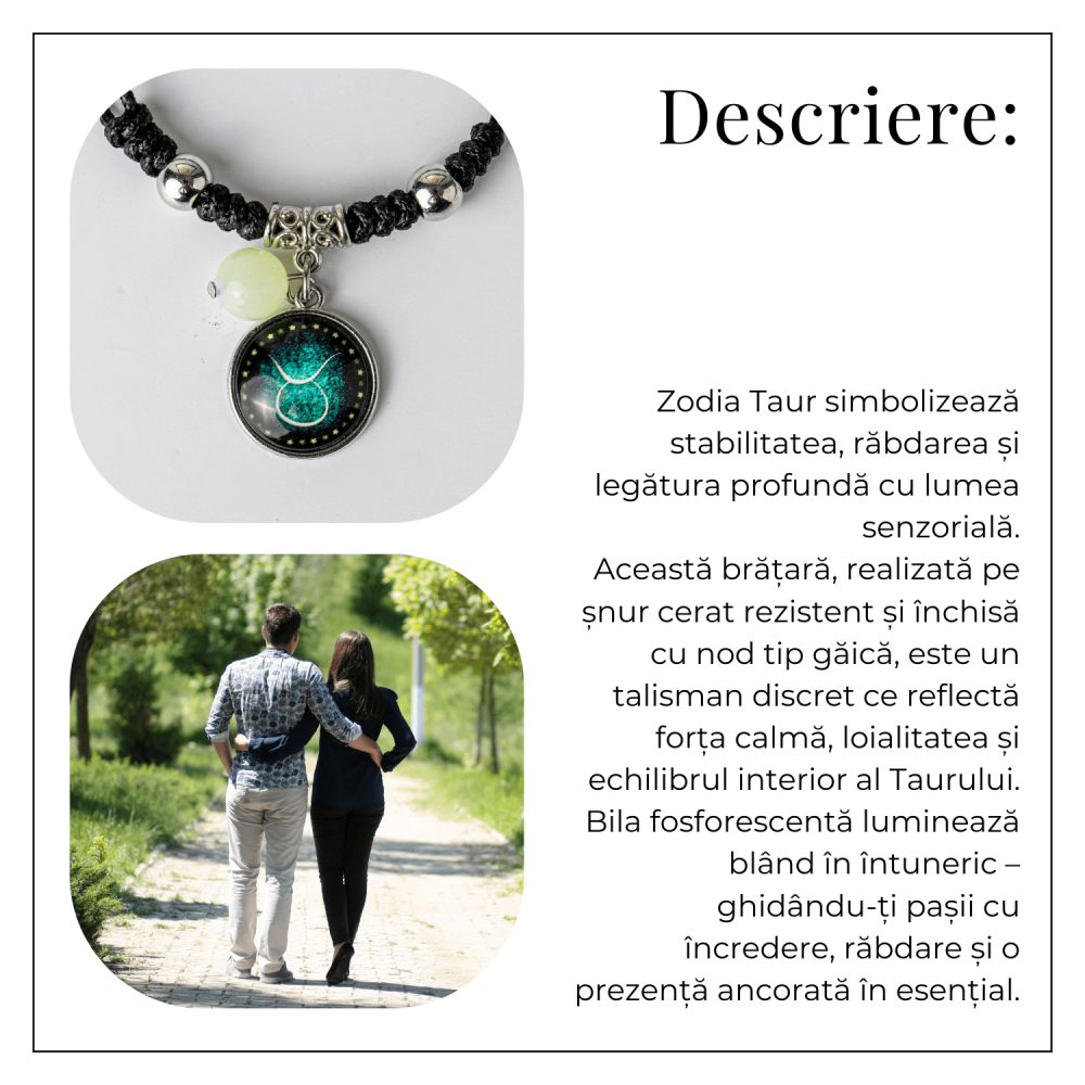 Bratara Zodiacala Ajustabila din Sfoara Cerata si Piele Sintetica – Cabochon Rotund cu Semn Zodiacal si Bila Fosforescenta [5]