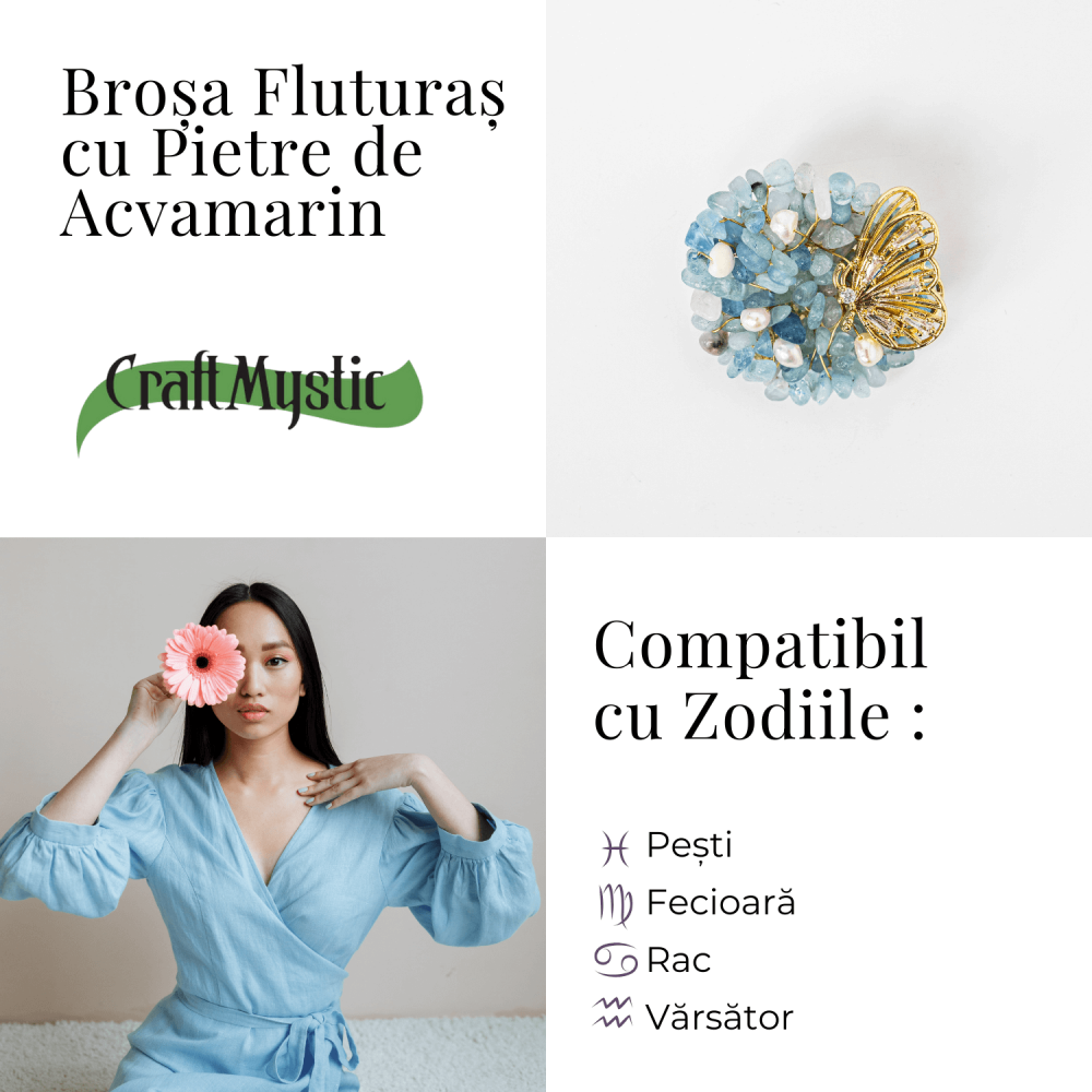 Brosa Fluture din Aliaj si Pietre Naturale de Acvamarin - Simbol al Linistii si Claritatii [4]