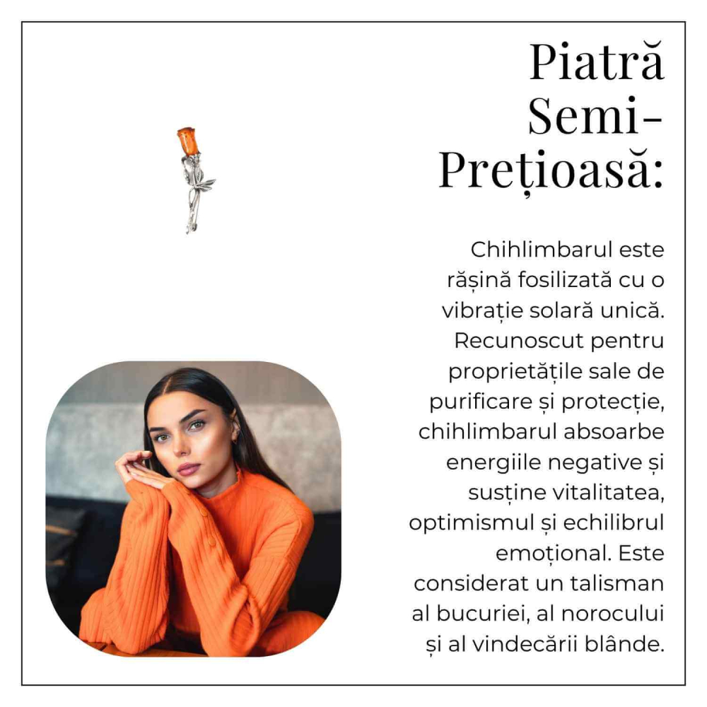 Brosa din argint 925 cu chihlimbar natural in forma de trandafir – lumina calda purtata cu gratie [6]