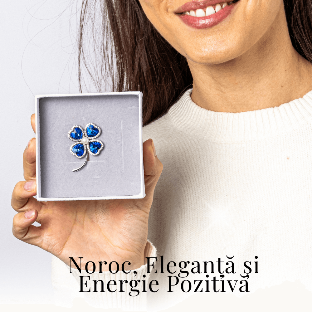 Brosa Trifoi cu 4 Foi cu Perla Naturala si Zircon Albastru - Simbol al Norocului [2]