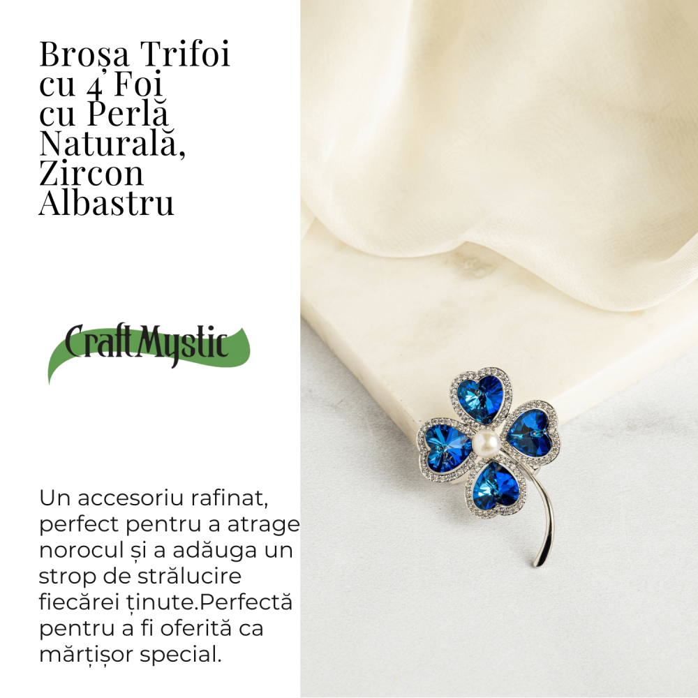 Brosa Trifoi cu 4 Foi cu Perla Naturala si Zircon Albastru - Simbol al Norocului [3]