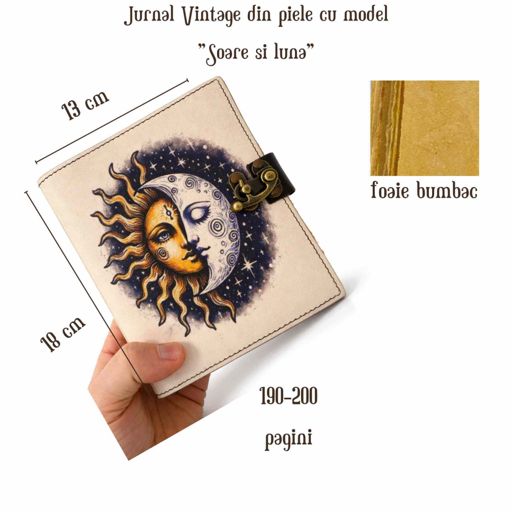 Jurnal Vintage din Piele – Soare si Luna, Hartie Bumbac, 190-200 Pagini [2]