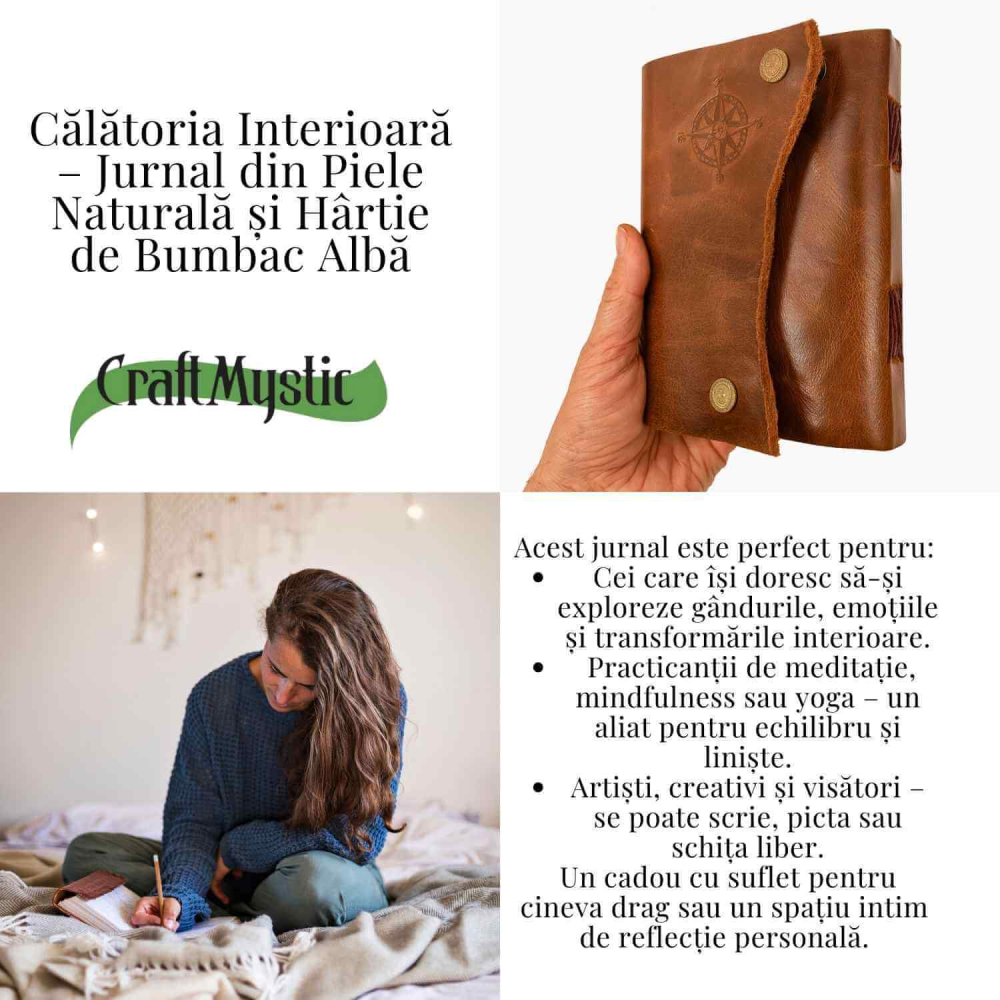 Jurnal din Piele Naturala cu Busola Hartie de Bumbac Alba [5]