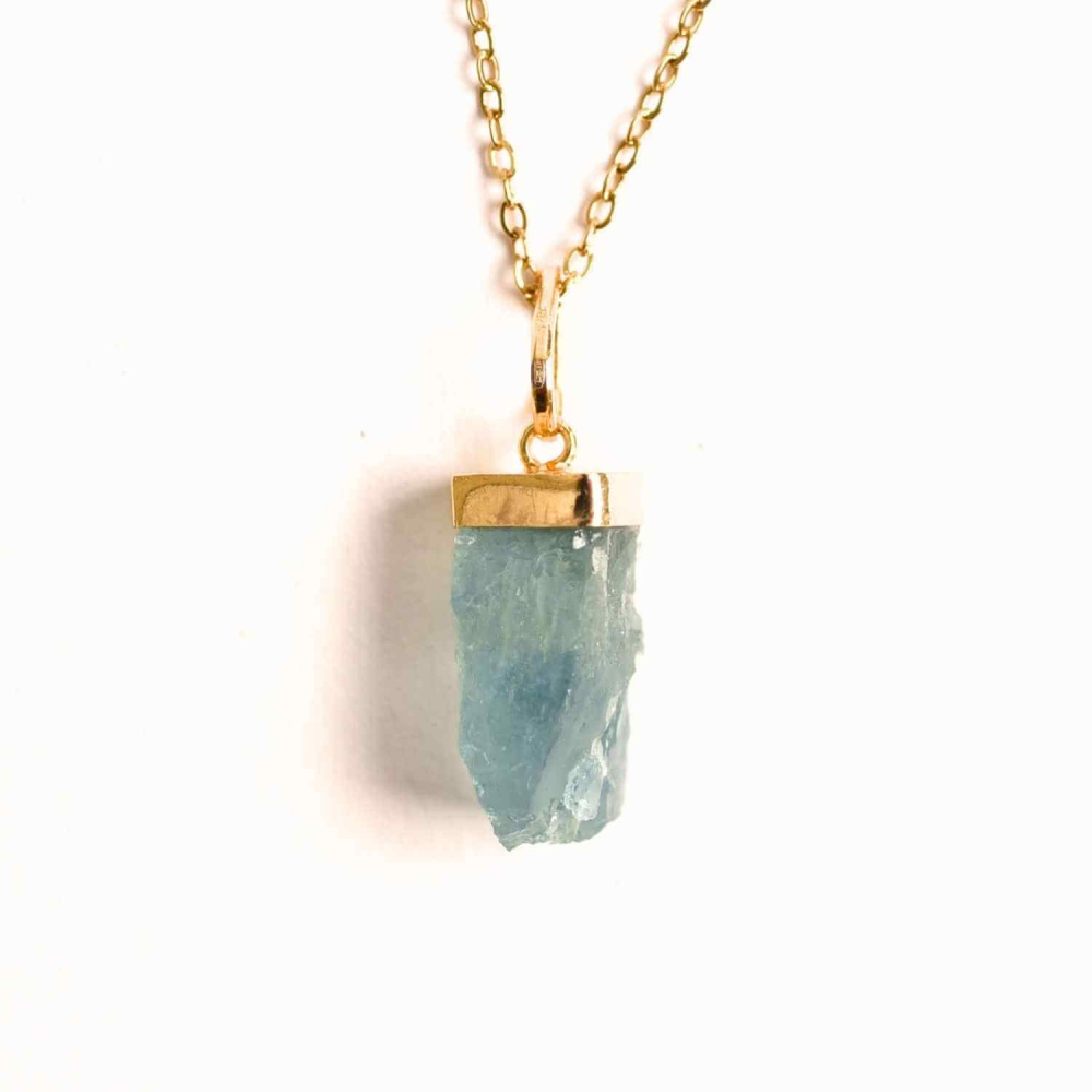 Calm Interior si Protectie ,   Colier din Acvamarin Brut si Argint 925 Placat cu Aur 18K