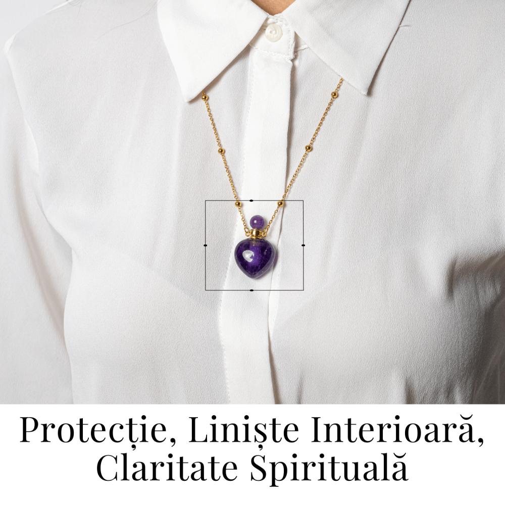 Claritate si Protectie – Colier Inima Sticluta cu Ametist Natural, Lant din cupru Placat Auriu [2]