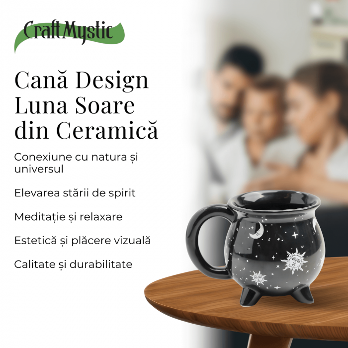 Cana din Ceramica in Forma de Ceaun cu Design Soare si Luna - Cadou Inedit pentru Iubitorii de Magie si Mister [5]