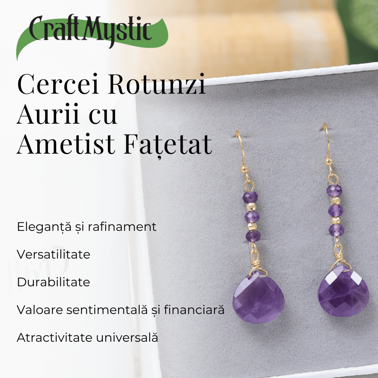 Cercei Rotunzi cu Piatra Ametist Fatetat Aurii - Claritate si Eleganta [3]