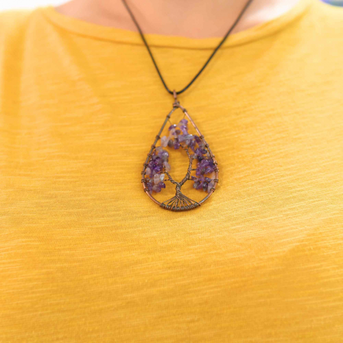 Colier Boho cu Pandantiv in Forma de Lacrima si Arbore al Vietii din Margele de Ametist Natural in Tonuri de Cupru [3]