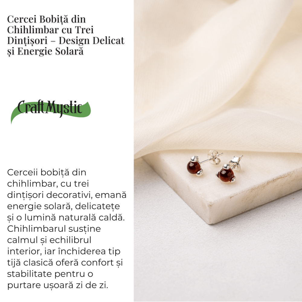 Cercei Argint 925 cu Chihlimbar rosu inchis Natural Rotund – Energie Solara, Delicatețe si Protectie [3]