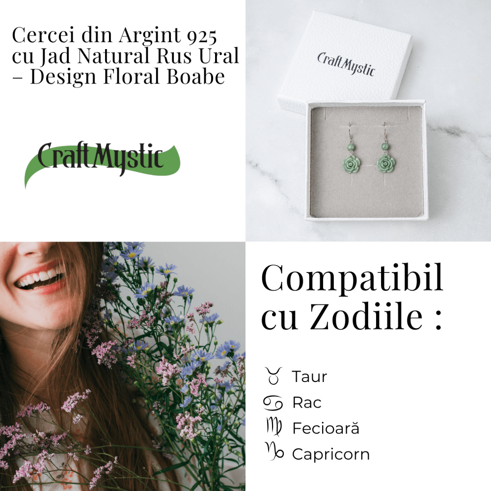 Cercei Argint 925 cu Jad Natural Rus Ural – Model Trandafir pentru Echilibru si Prosperitate [4]