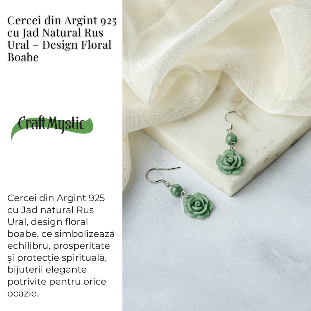 Cercei Argint 925 cu Jad Natural Rus Ural – Model Trandafir pentru Echilibru si Prosperitate [3]