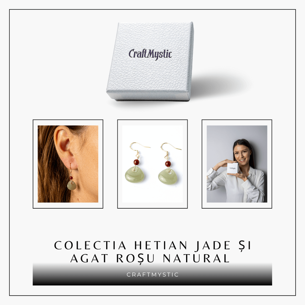 Cercei Argint 925 placat cu Aur, cu Hetian Jade si Agat Rosu Natural – Echilibru si Protectie Spirituala [8]