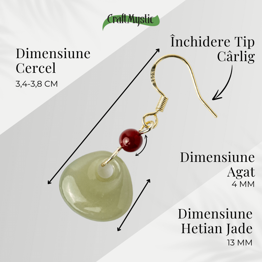 Cercei Argint 925 placat cu Aur, cu Hetian Jade si Agat Rosu Natural – Echilibru si Protectie Spirituala [5]